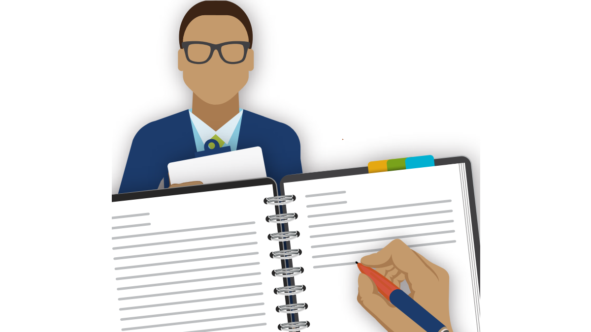 consultants.png Illustration of a person with a notebook talking to someone else.