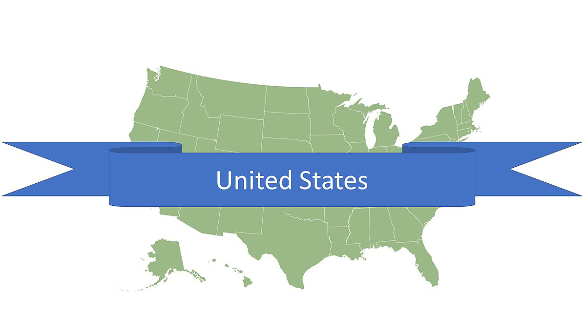 United States Map of the U.S with ribbon across it reading "United States"