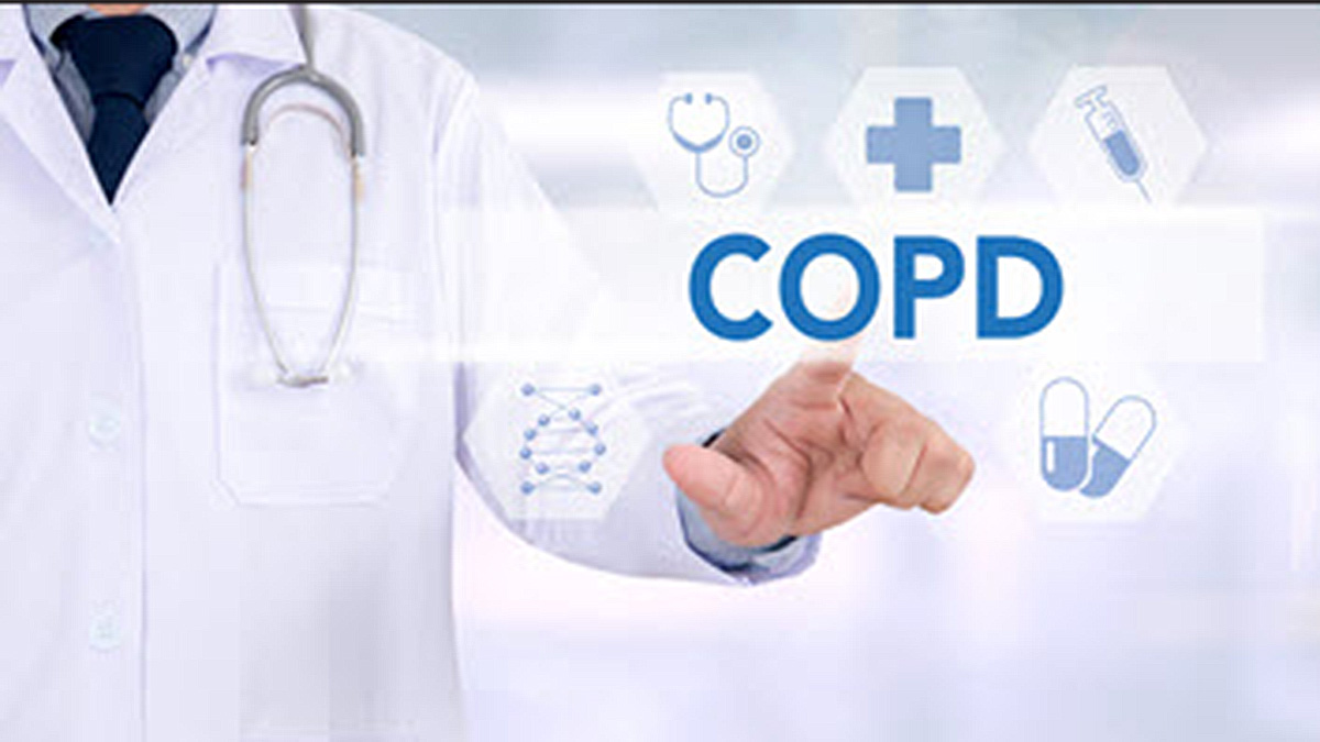 about-copd Doctor pointing at a touchscreen with COPD on it and icons of a stethoscope, medical cross, syringe, and capsules