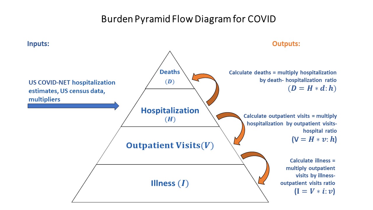 Starting on the left, there is an arrow that leads to a pyramid. The left-most arrow is labeled "US COVID-NET hospitalization estimates, US Census data, multipliers ". The arrow, labelled "US COVID-NET hospitalization estimates, US Census data, multipliers", is leading right to the upper middle of the pyramid, which is labeled "Hospitalization (H)". In the pyramid, the base is labeled "Illness (I)", the lower middle section is labeled "Outpatient Visits (V)", and the top is labeled "Deaths (D)". On the right-side of the pyramid are arrows coming from the top middle section titled &ldquo;Hospitalization (H)&rdquo;, with one leading up to the top section, labeled "Deaths (D)", and another arrow leading down to the lower middle section, labeled "Outpatient Visits (V)". An additional arrow comes from the lower middle section, labeled "Outpatient Visits (V)&rdquo; and leads down to the base is labeled "Illness (I)".