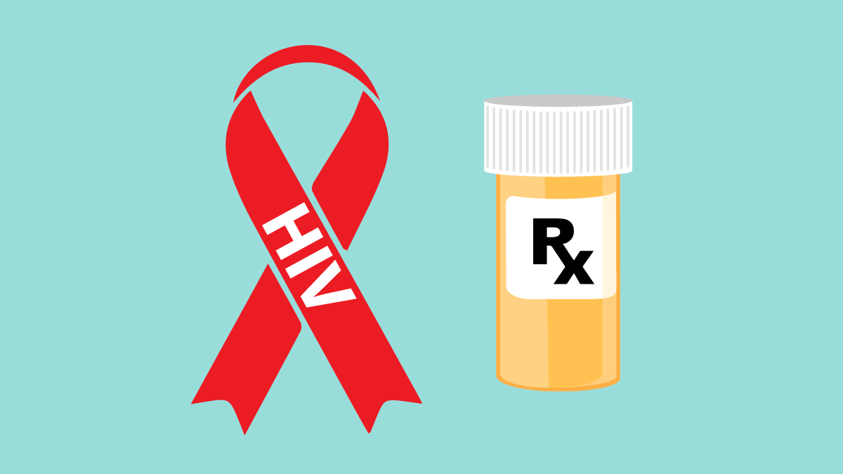 HIV and Medications An HIV ribbon and medication bottle.