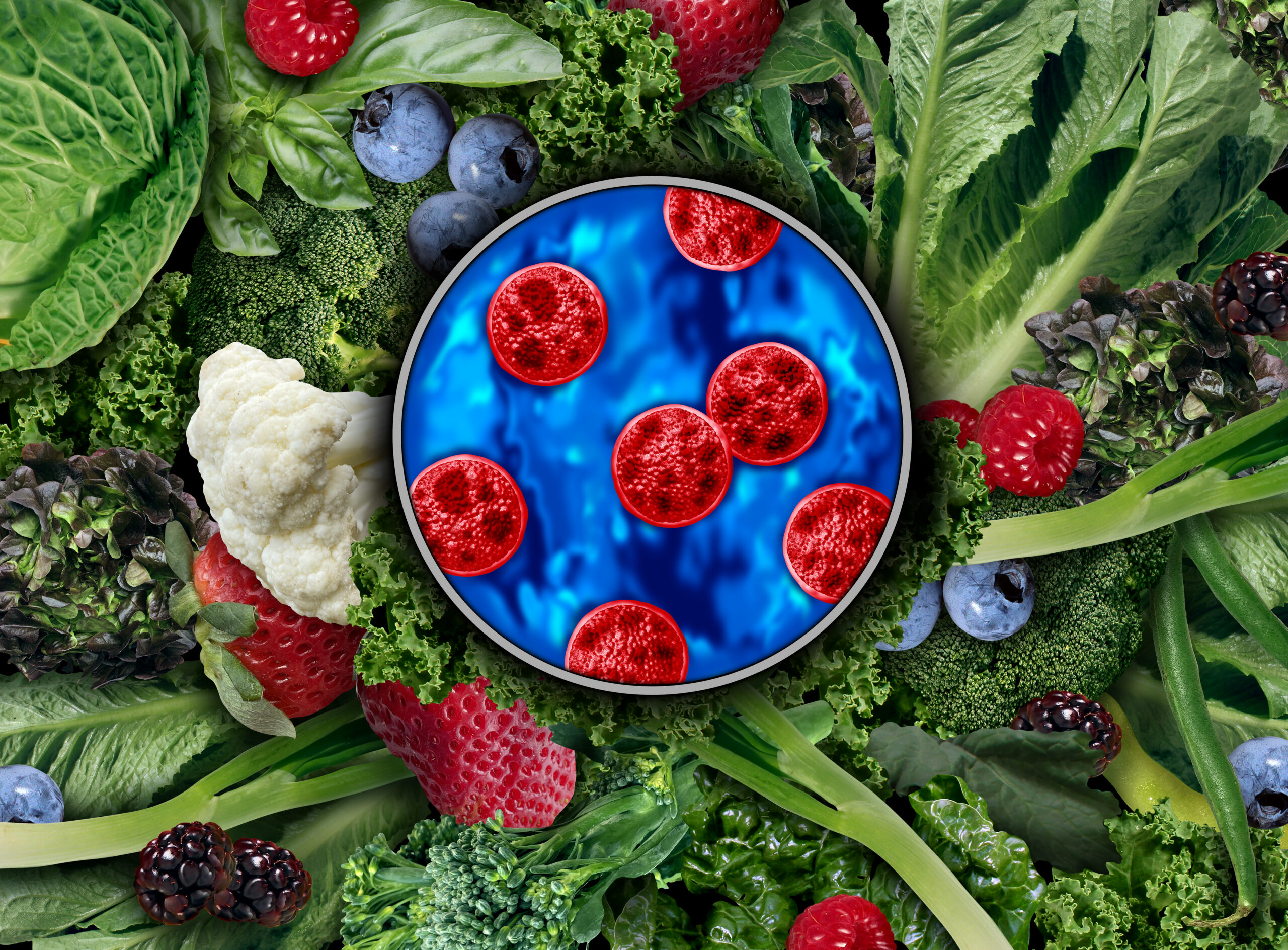 Closeup of Cyclospora bug with produce