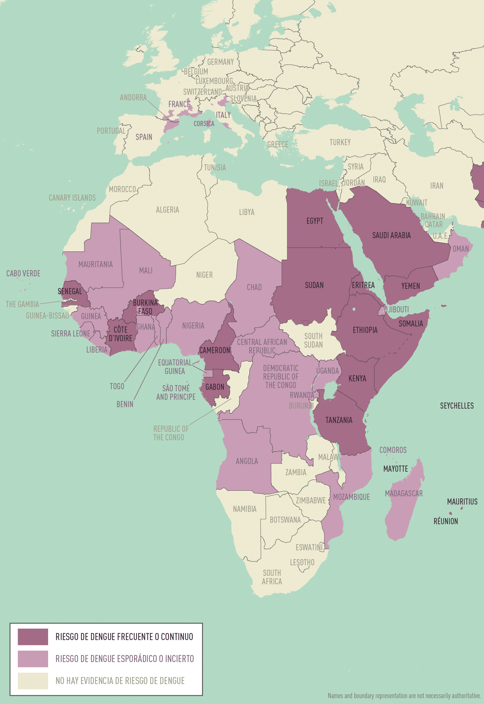 Un mapa de África, Europa y Oriente Medio que muestra las áreas con riesgo de dengue usando varios tonos de morado.