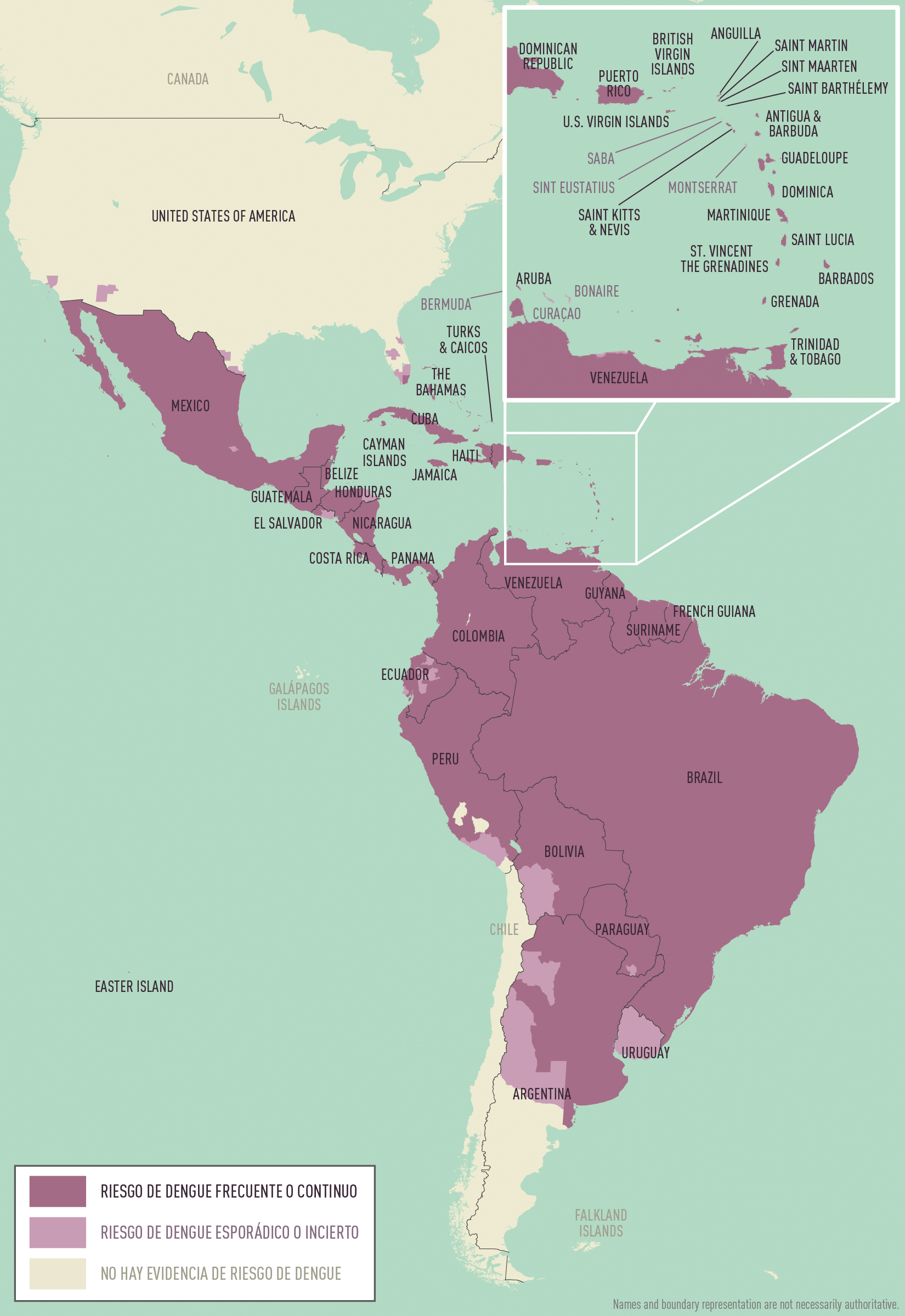 Un mapa de las Américas y el Caribe que muestra las áreas con riesgo de dengue usando varios tonos de morado.