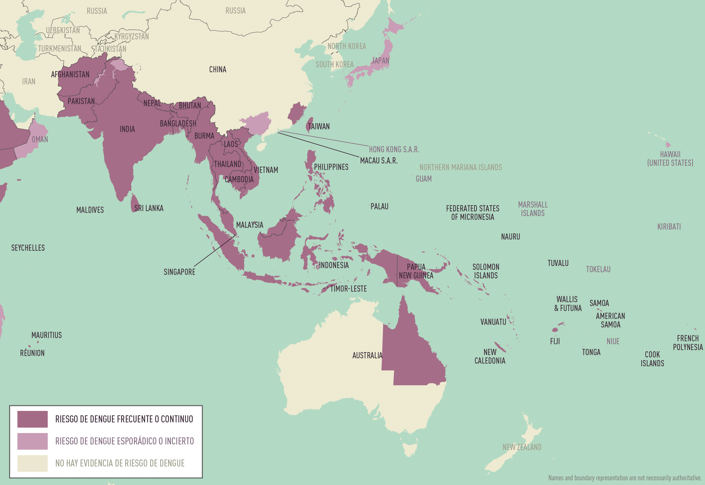 Un mapa de Asia y Oceanía que muestra las áreas con riesgo de dengue usando varios tonos de morado.