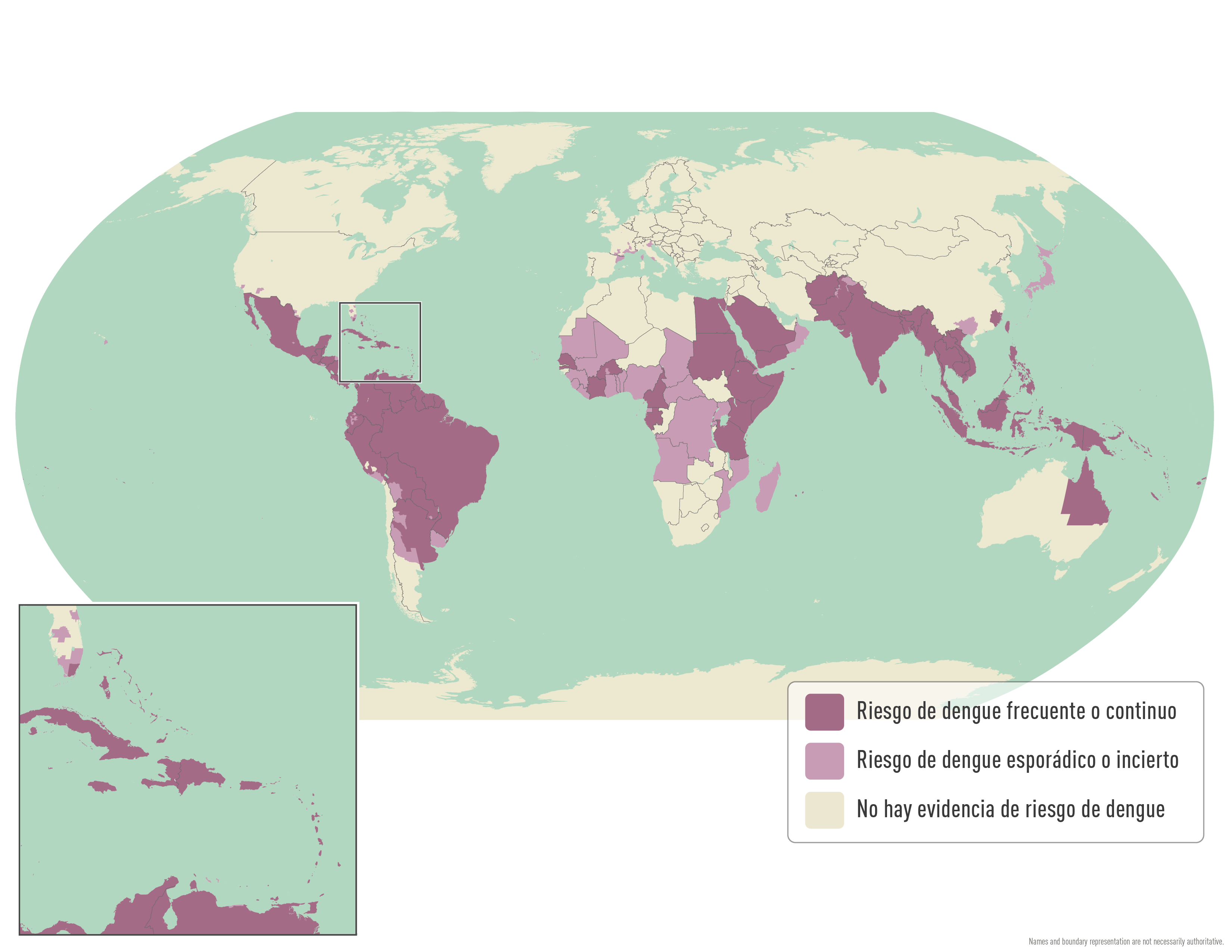 Un mapa del mundo que muestra las áreas con riesgo de dengue usando varios tonos de morado.