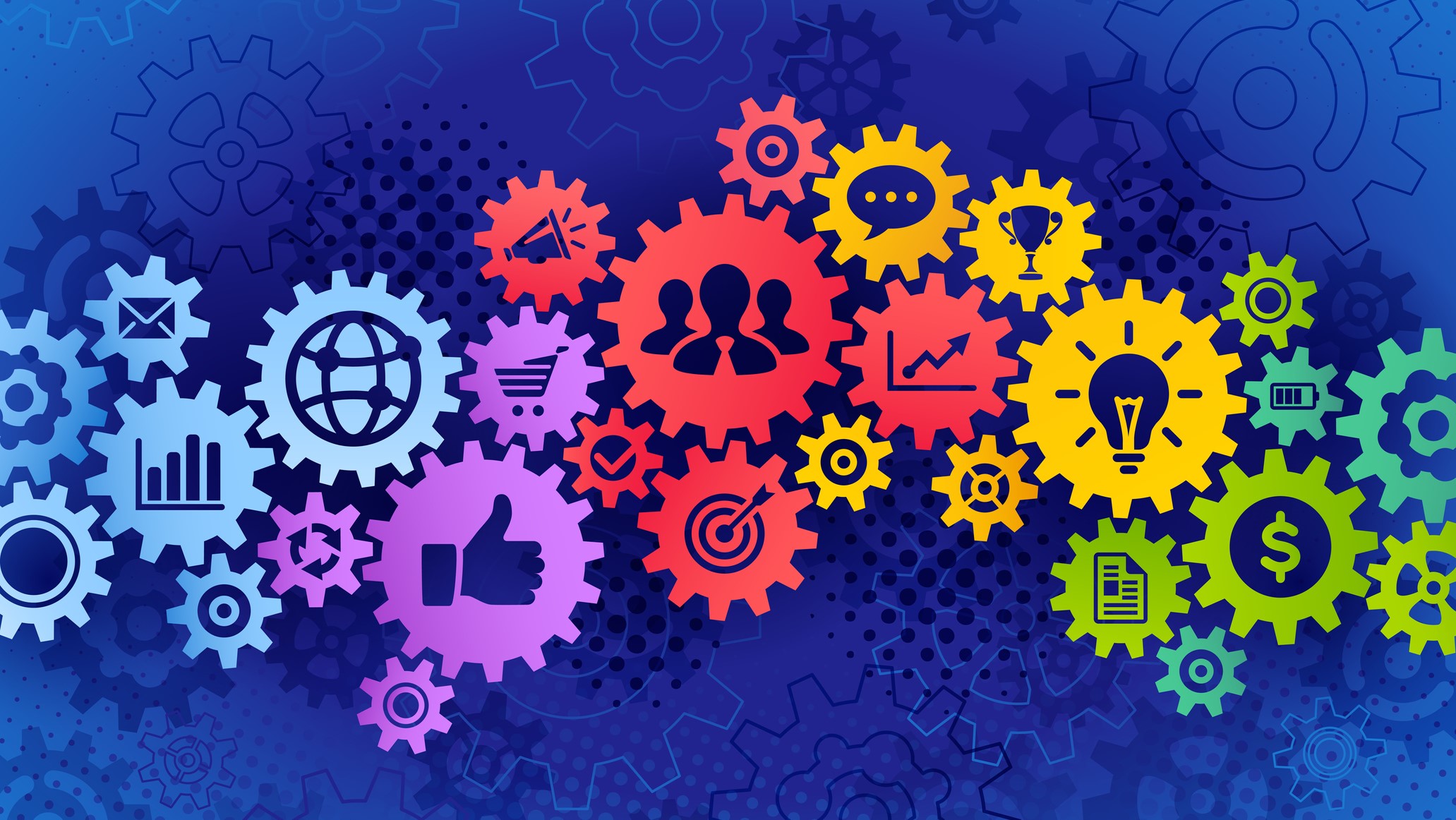 — title missing — Multicolored connected gears with icons symbolizing strategy, success, teamwork, and communication.