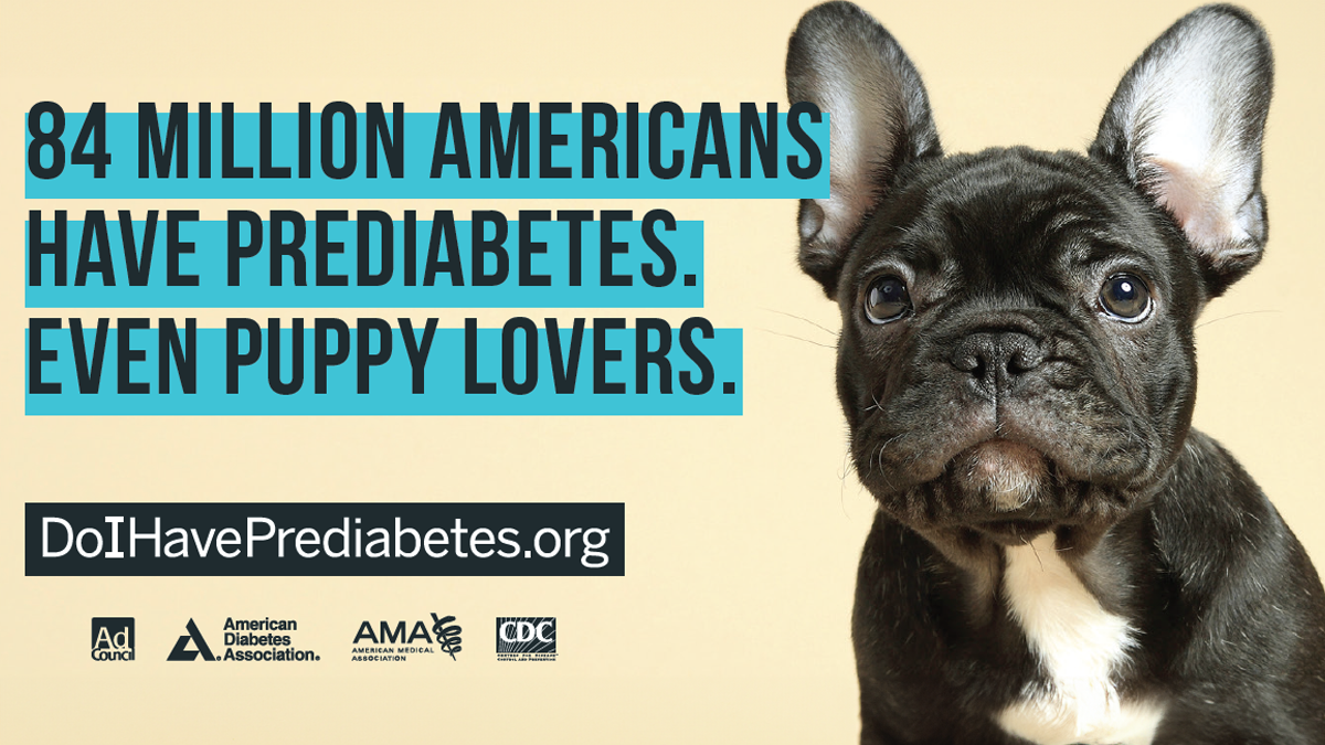 Phase2_OOH Image of puppy with caption, 84 Million Americans have prediabetes, even puppy lovers