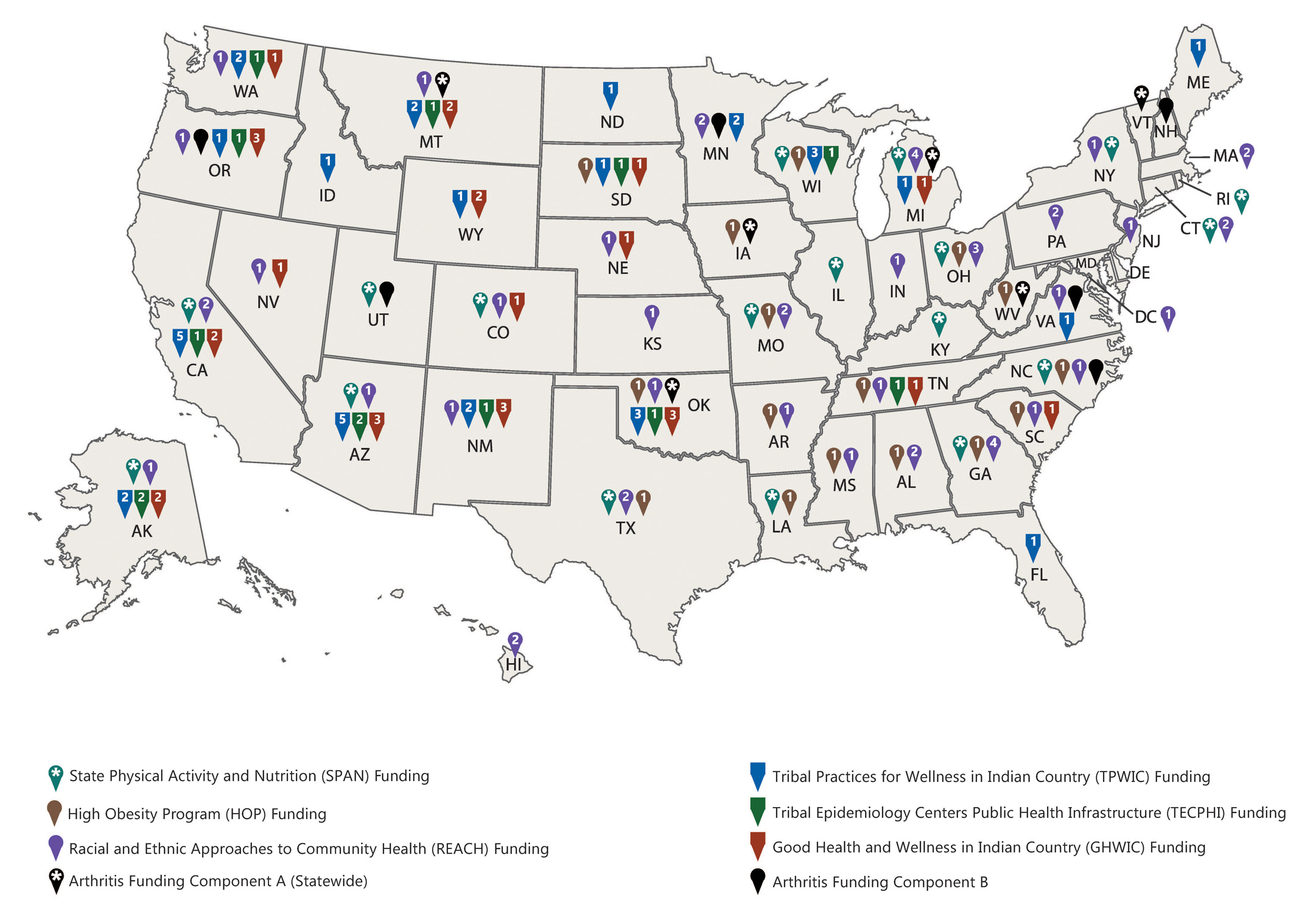 U.S. map showing locations of programs that receive SPAN, HOP, REACH, Arthritis, and Healthy Tribes funding.