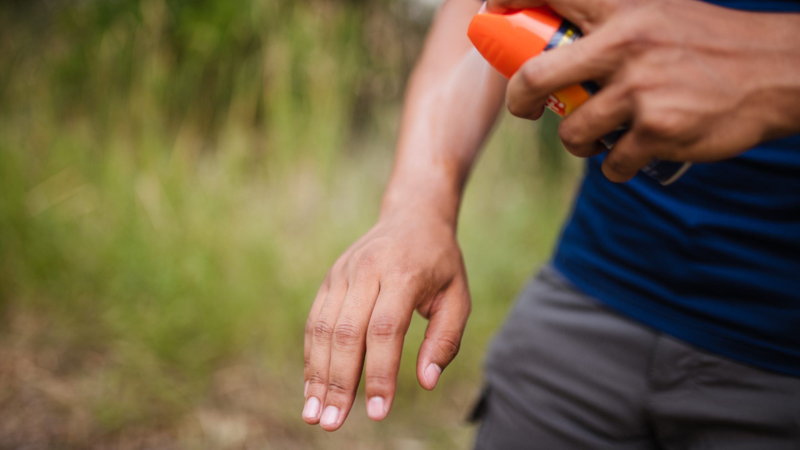 Person applying insect repellent to an arm.