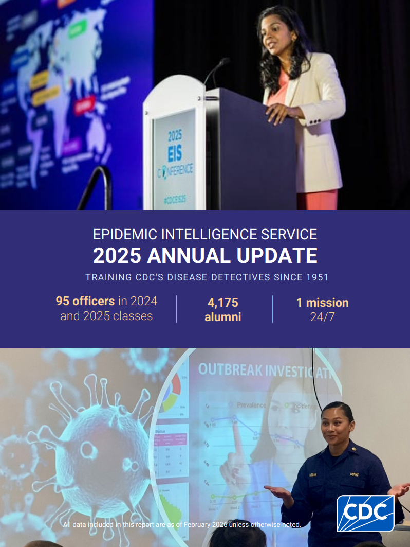 Front cover of 2025 EIS Annual Update Report. Shows a woman presenting onstage and a woman presenting to a class.