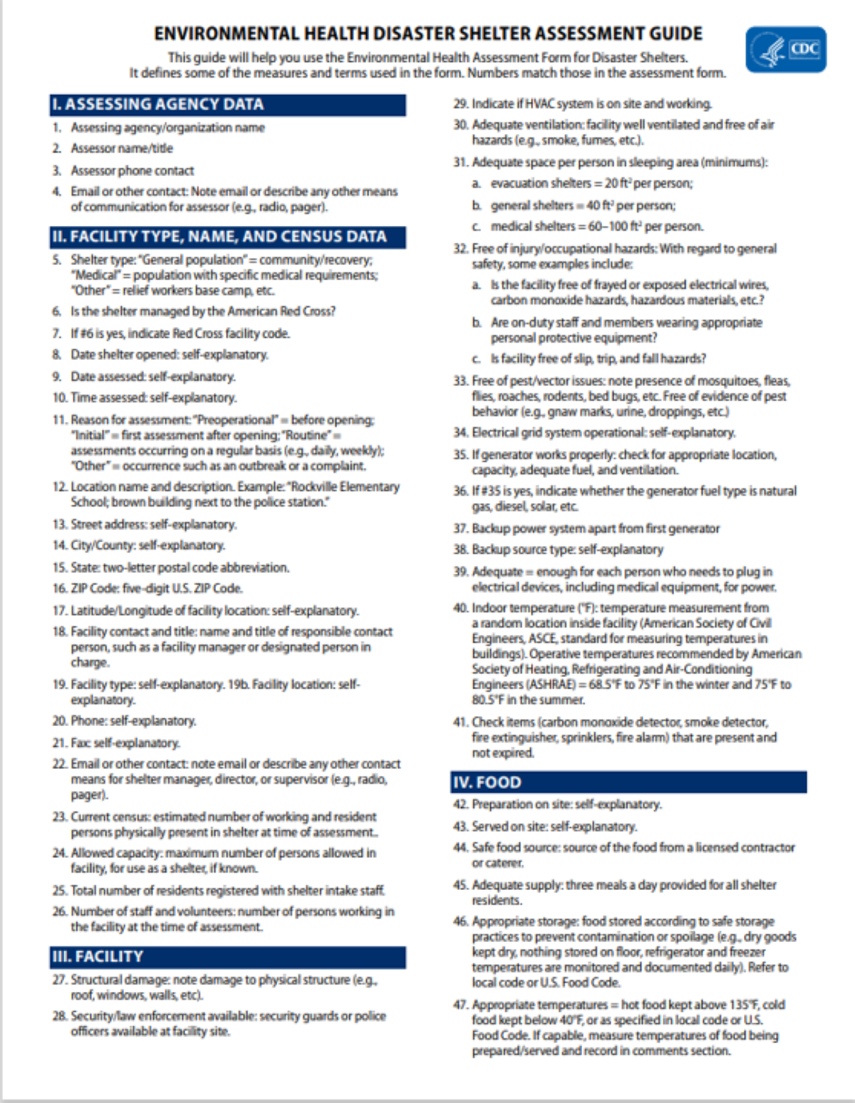 Page 1 of the environmental health disaster assessment instructions