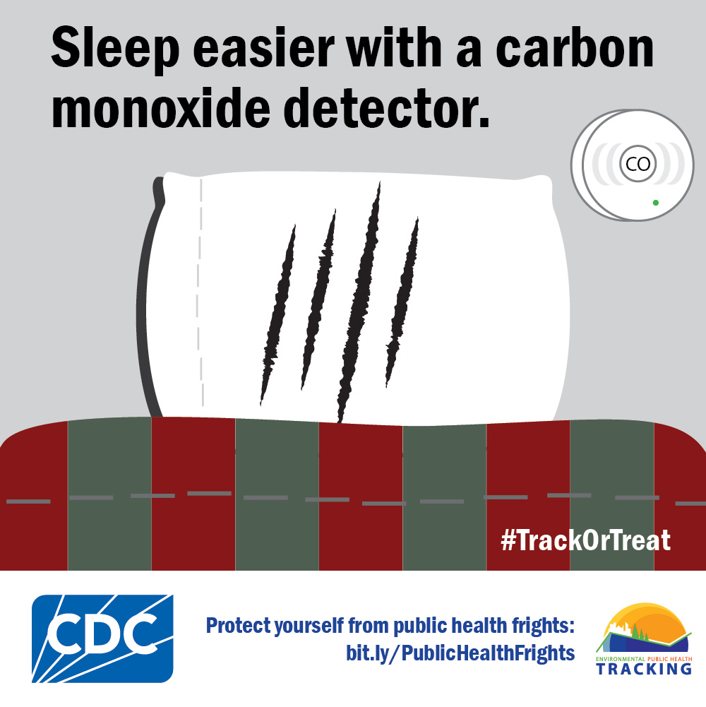 Pillow with slashes and text: "Sleep easier with a carbon monoxide detector."