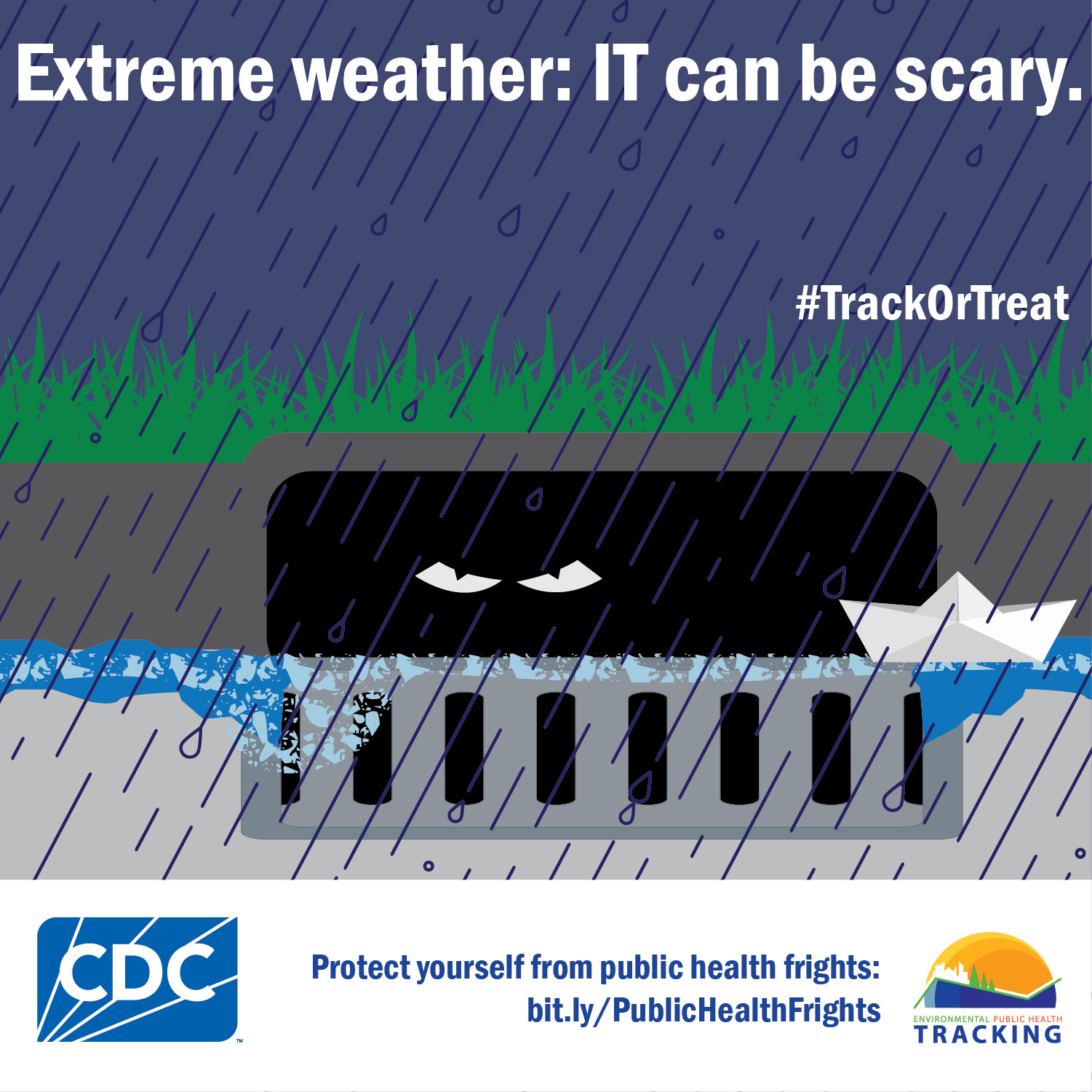 Graphic of eyes peering from flooding storm drain with text: "Extreme weather: IT can be scary." #TrackOrTreat