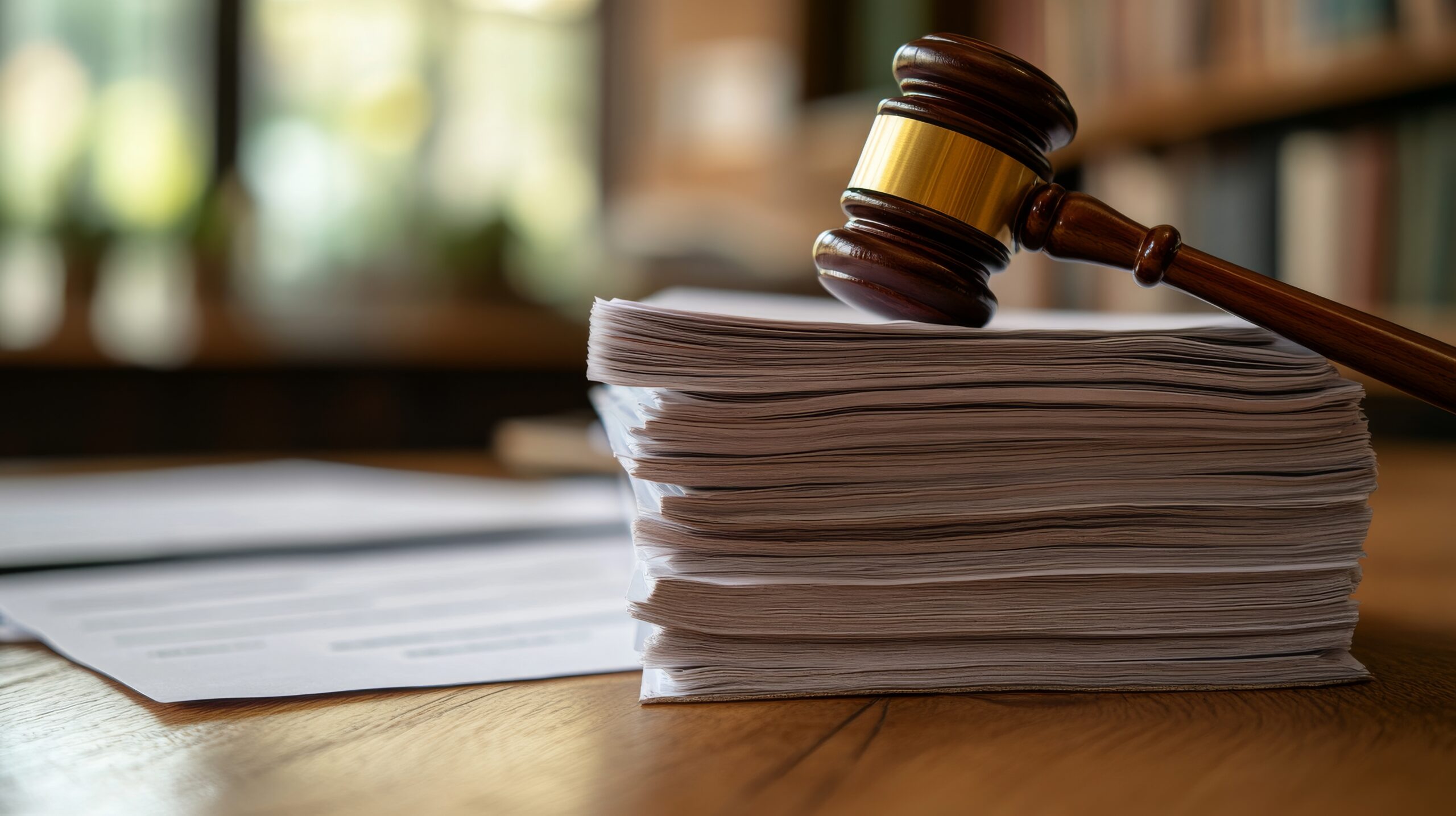 A gavel sits atop a stack of legal documents on a wooden desk