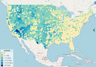 Data Explorer map view of "Monthly Projected Heat Exceedance Days."