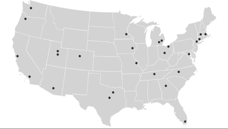 U.S. map showing the 26 sites that participated in the IVY Network.