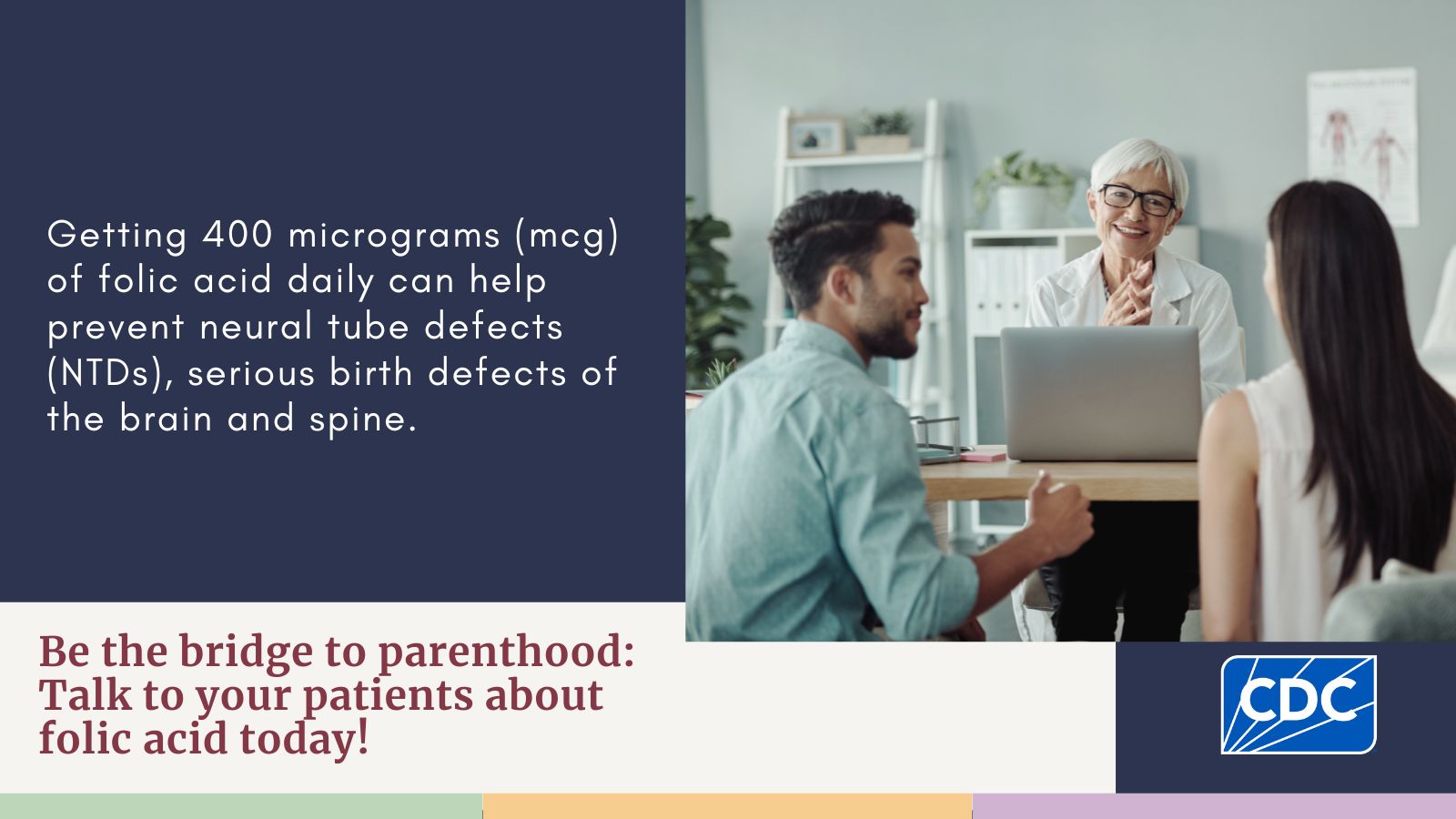 A doctor discussing folic acid with a young couple in the doctor's office.