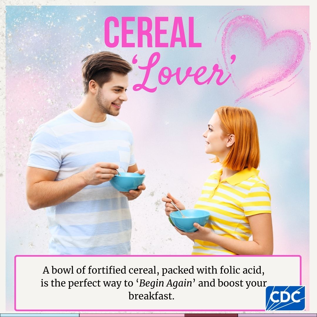 Album cover for folic acid with a young couple looking at each other as they eat a bowl of cereal with the title "Cereal Lover".