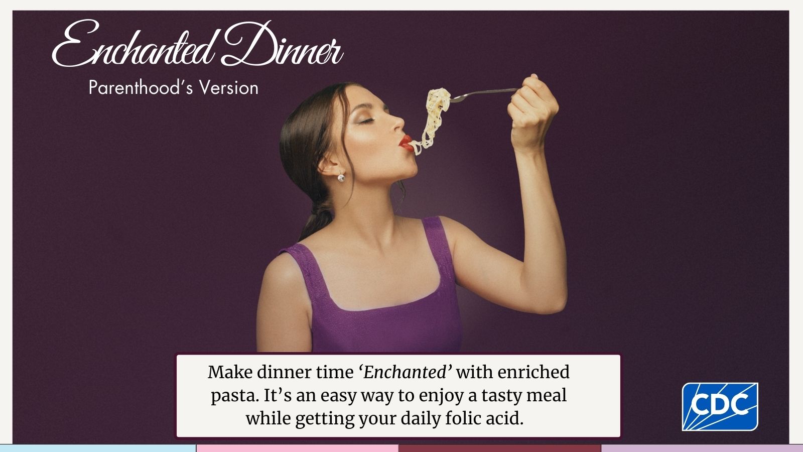 Young adult looking away from the camera as they enjoy a fork full of pasta.
