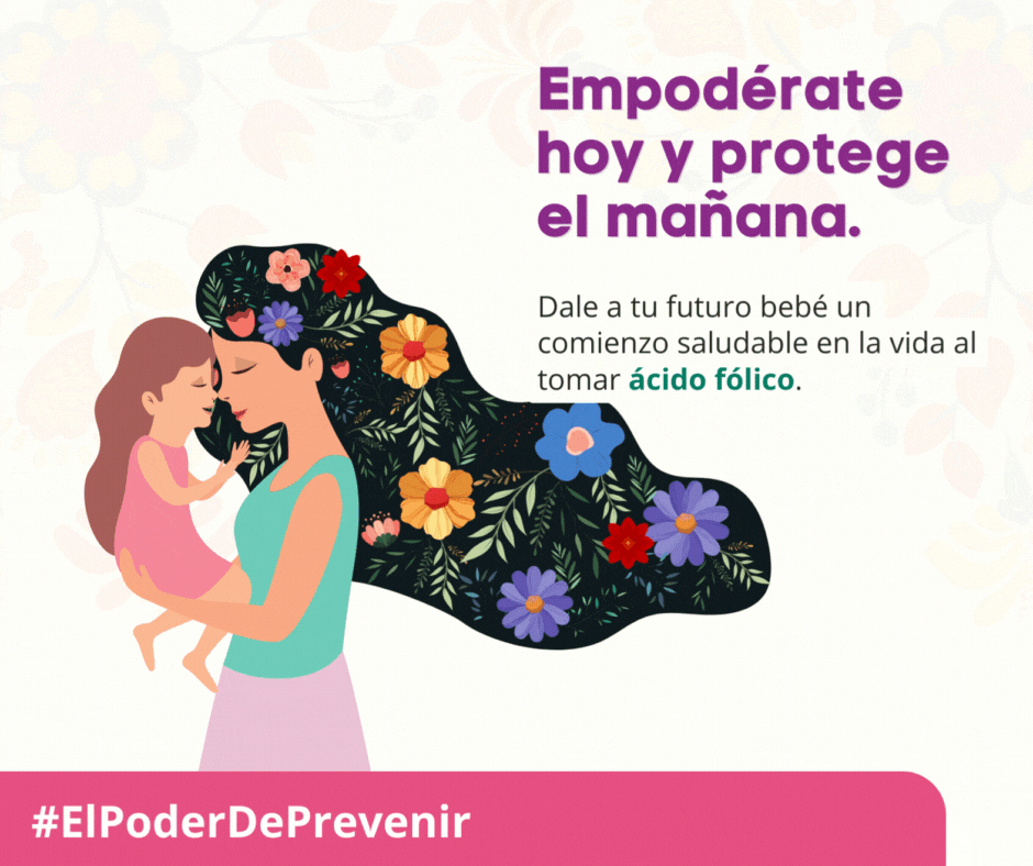 Mujer con una niña en brazos con texto que dice “Empodérate hoy y protege el mañana”.