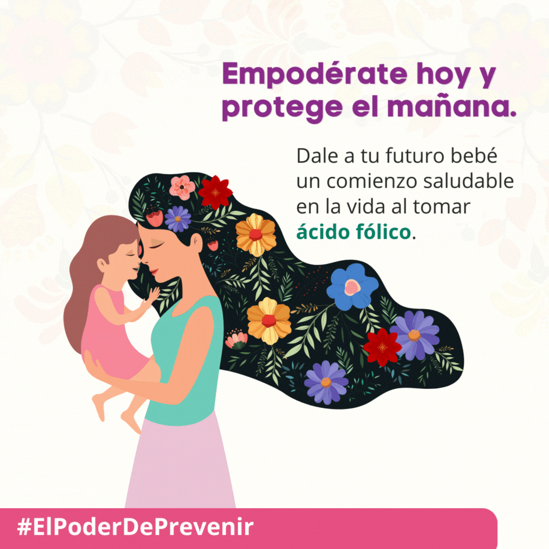 Mujer con una niña en brazos con texto que dice “Empodérate hoy y protege el mañana”.