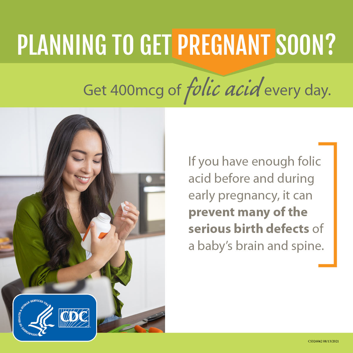 A women reading the label on a supplement bottle with text that reads "Planning to get pregnant soon? Get 400 mcg of folic acid every day."