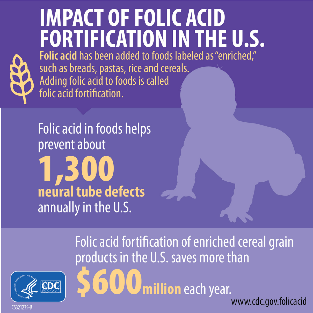 Purple infographic with text reading "Impact of folic acid fortification in the U.S." and " Folic acid in foods helps prevent about 1,300 neural tube defects annually in the U.S."