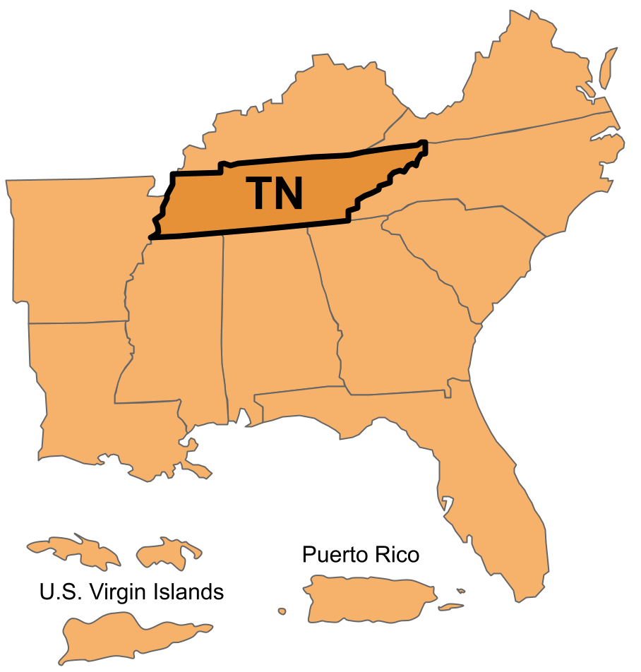 TN Food Safety CoE Region Map of the Tennessee Food Safety CoE region