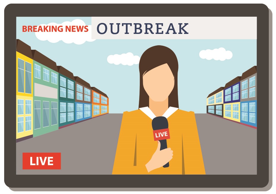 Illustration of a news anchor reporting about an outbreak on TV