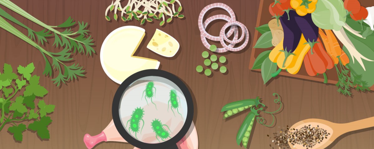 illustration of cheese, raw chicken and veggies with a microscope showing germs