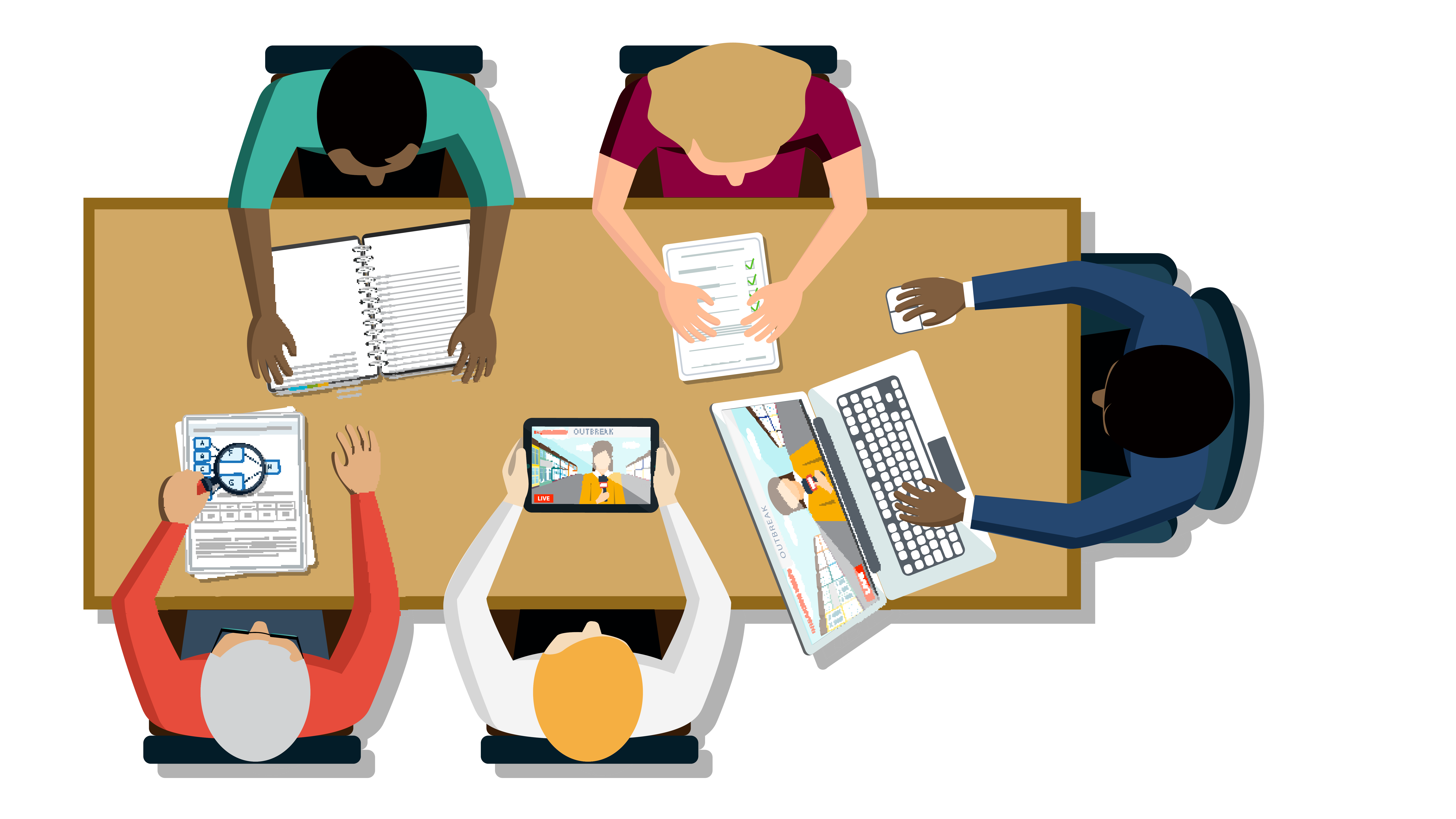 Illustration of partners at a table investigating an outbreak.