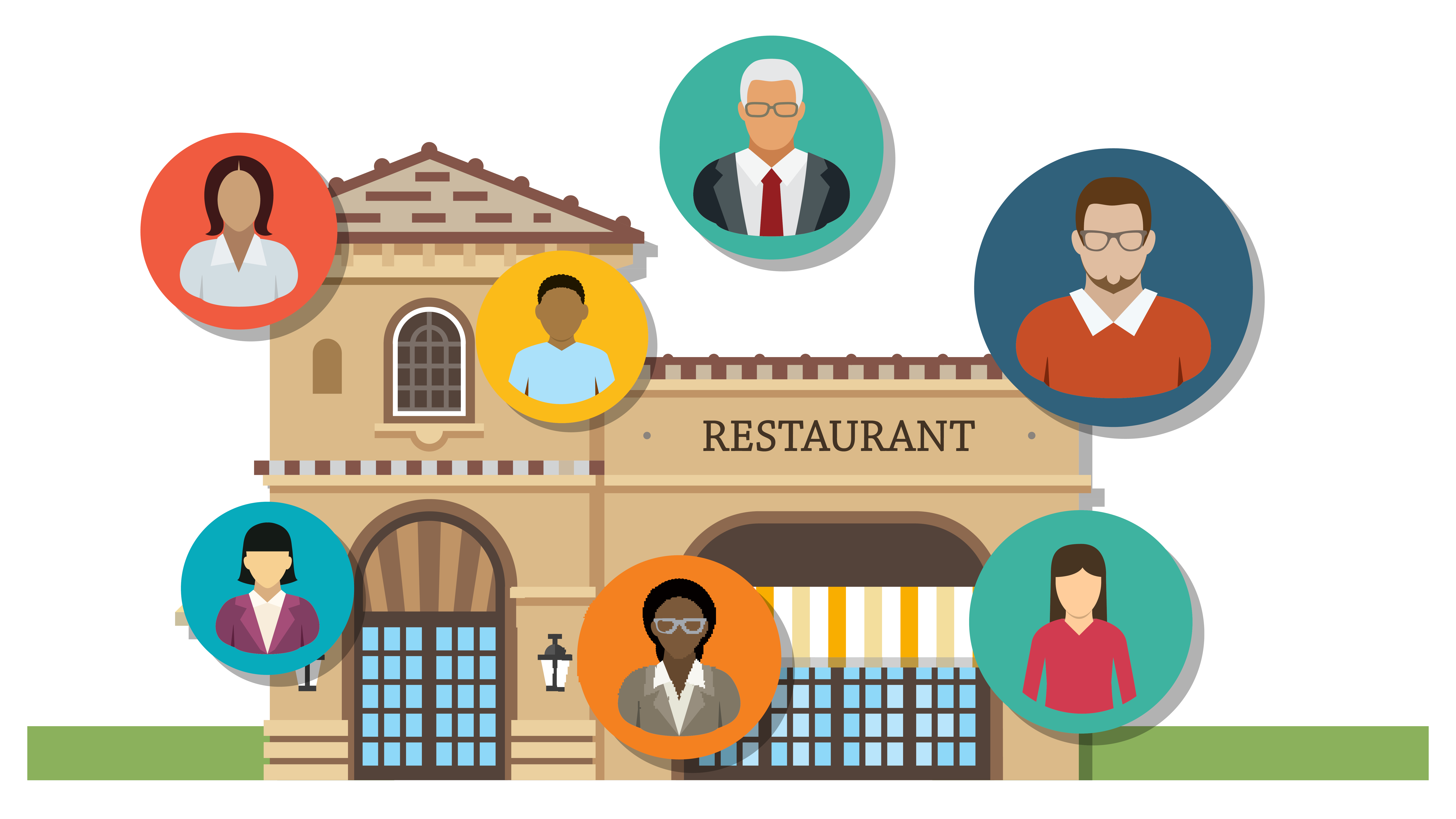 Illustration showing people in front of a restaurant