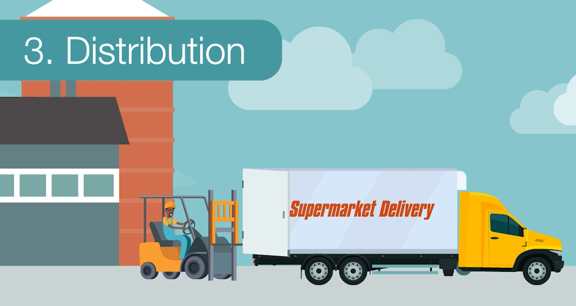 Illustration of Step 3. Distribution, showing a truck leaving the farm full of melons to head to a grocery store.