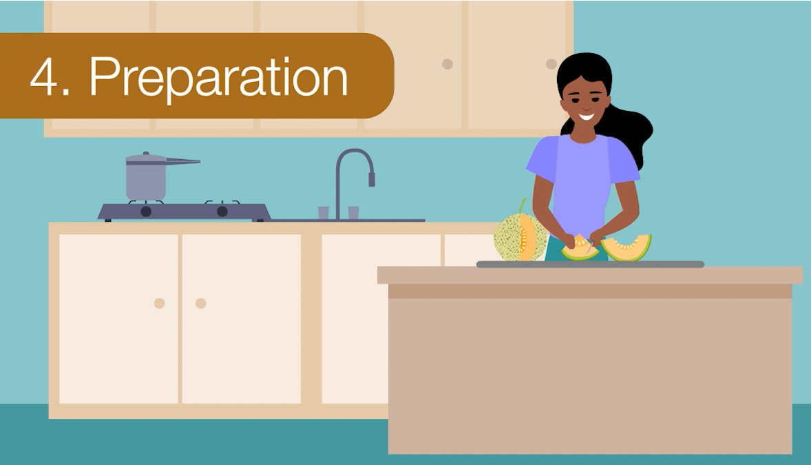 Illustration of Step 4. Preparation, showing a black woman at home cutting up melons on her kitchen counter.
