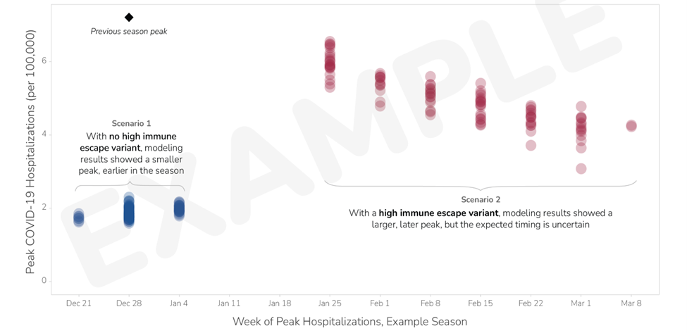 Sample data showing national COVID-19 timing and magnitude of peak hospitalization week for the respiratory season from scenario modeling.