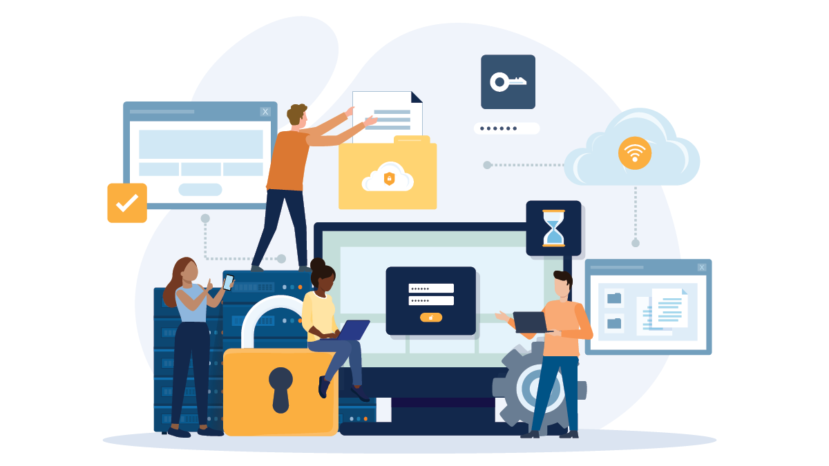 Graphic depicting a group of CFA IT professionals working to improve efficiency and security.