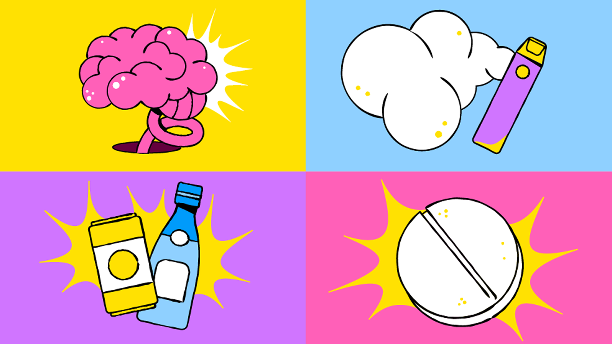 four panel image of a brain, vape, alcohol and pill