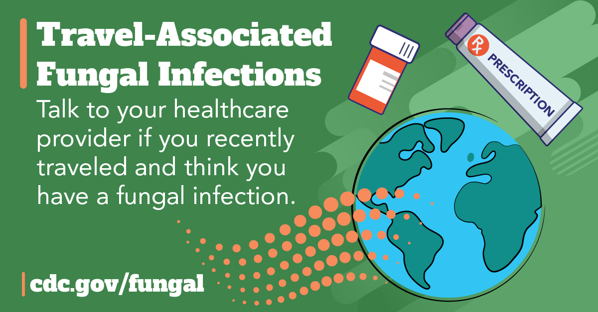 Text: talk to your healthcare provider if you recently traveled and think you have a fungal infection. Graphic shows a globe and an antifungal ointment.