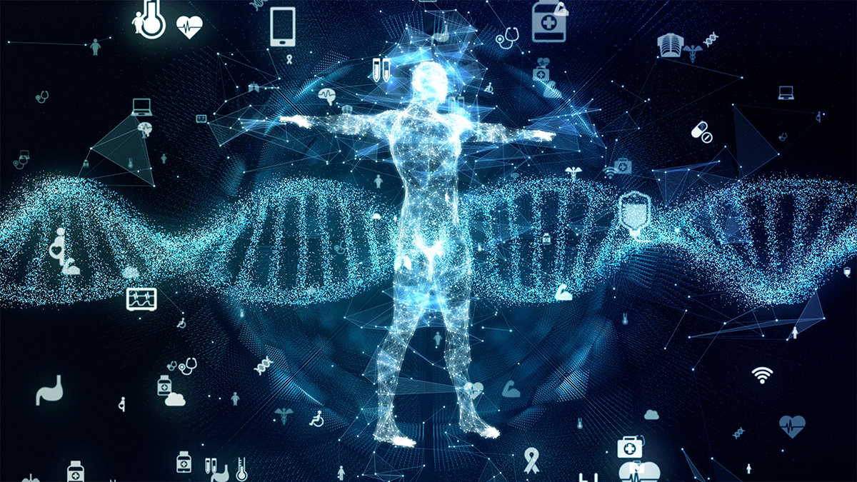 Precision Health2 a figure and a double helix. Genetic engineering concept. DNA. Gene therapy.