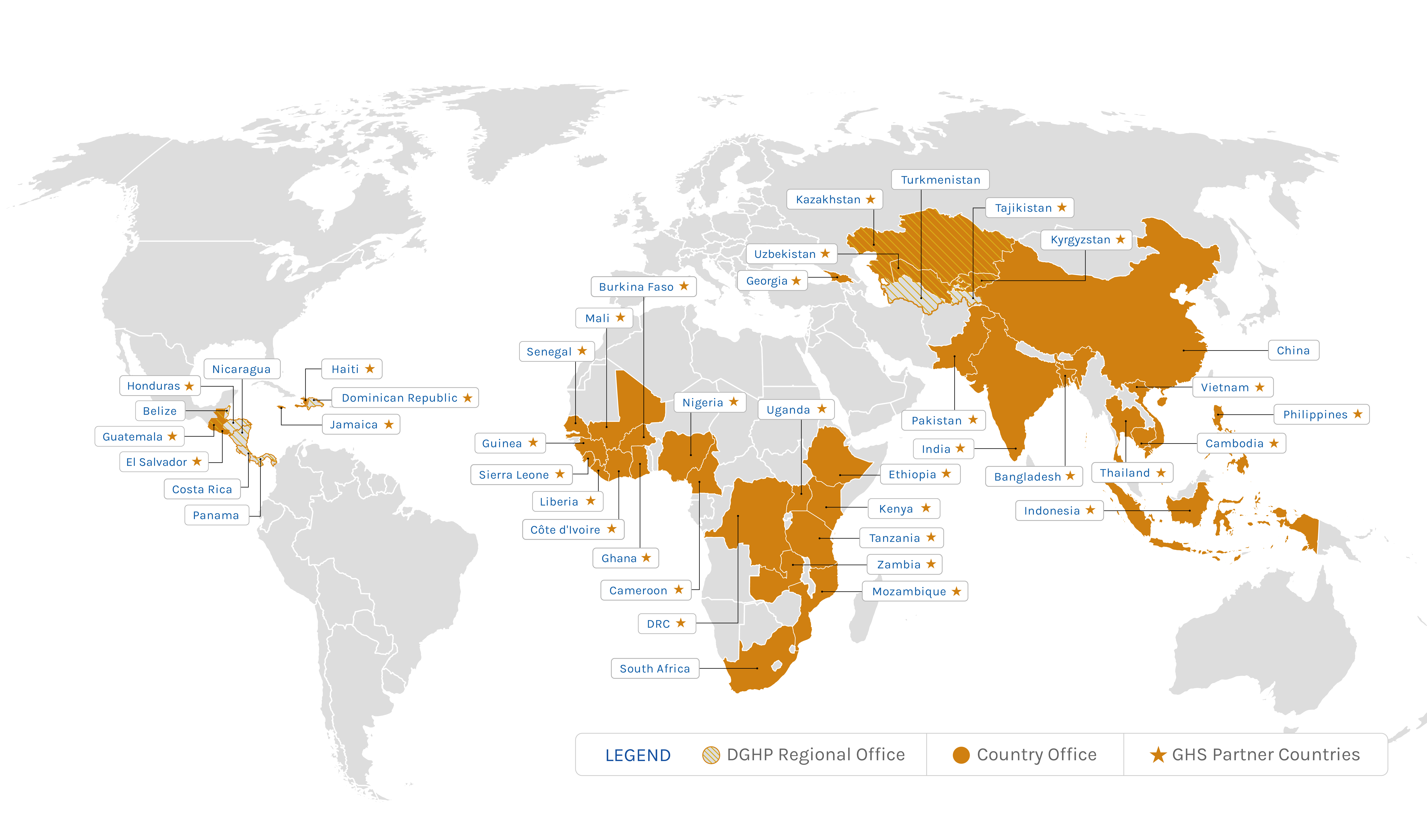 map with countries where DGHP works filled in in brown