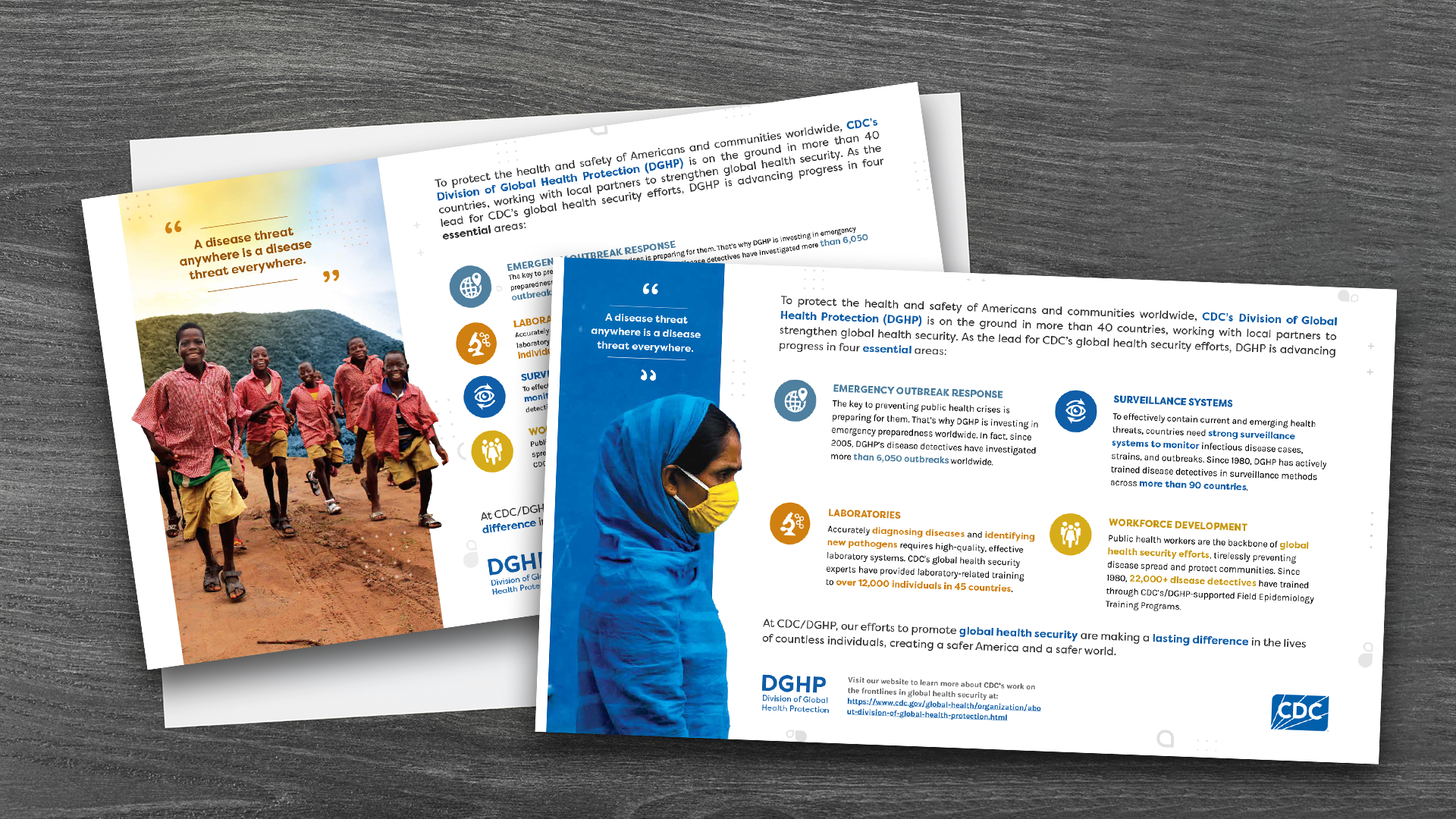 Two graphics with children running on a dirt road and a woman dressed in blue clothing.