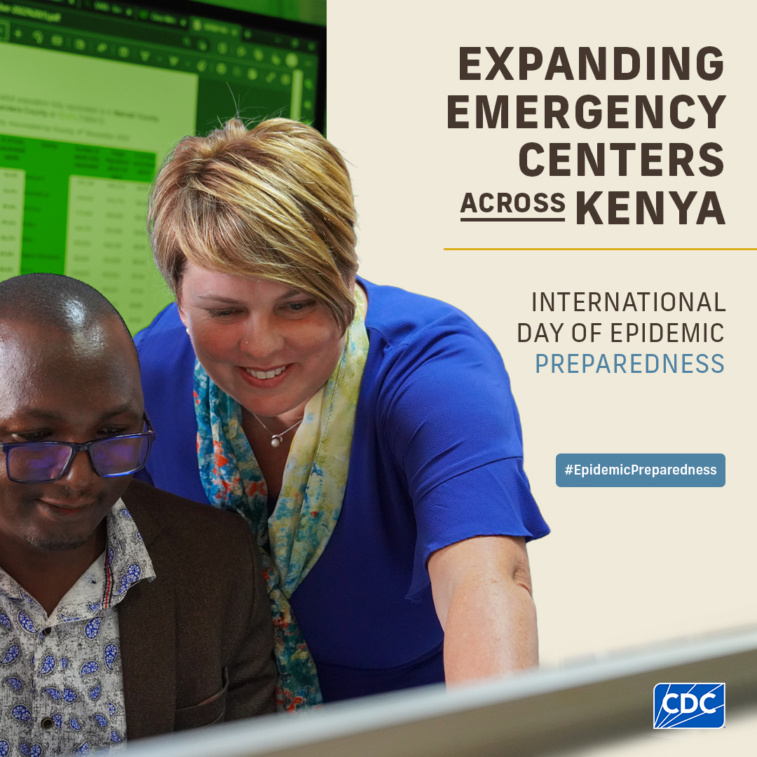 Expanding emergency centers across Kenya. International Epidemic Preparedness Day. Colleagues looking at data on a laptop.