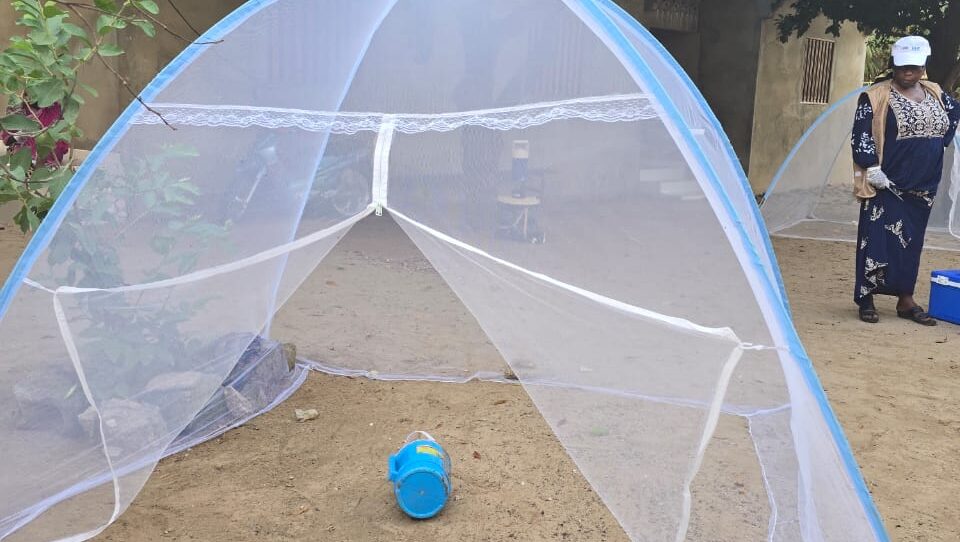 outdoor mosquito-collection tent with a public health worker and equipment nearby.