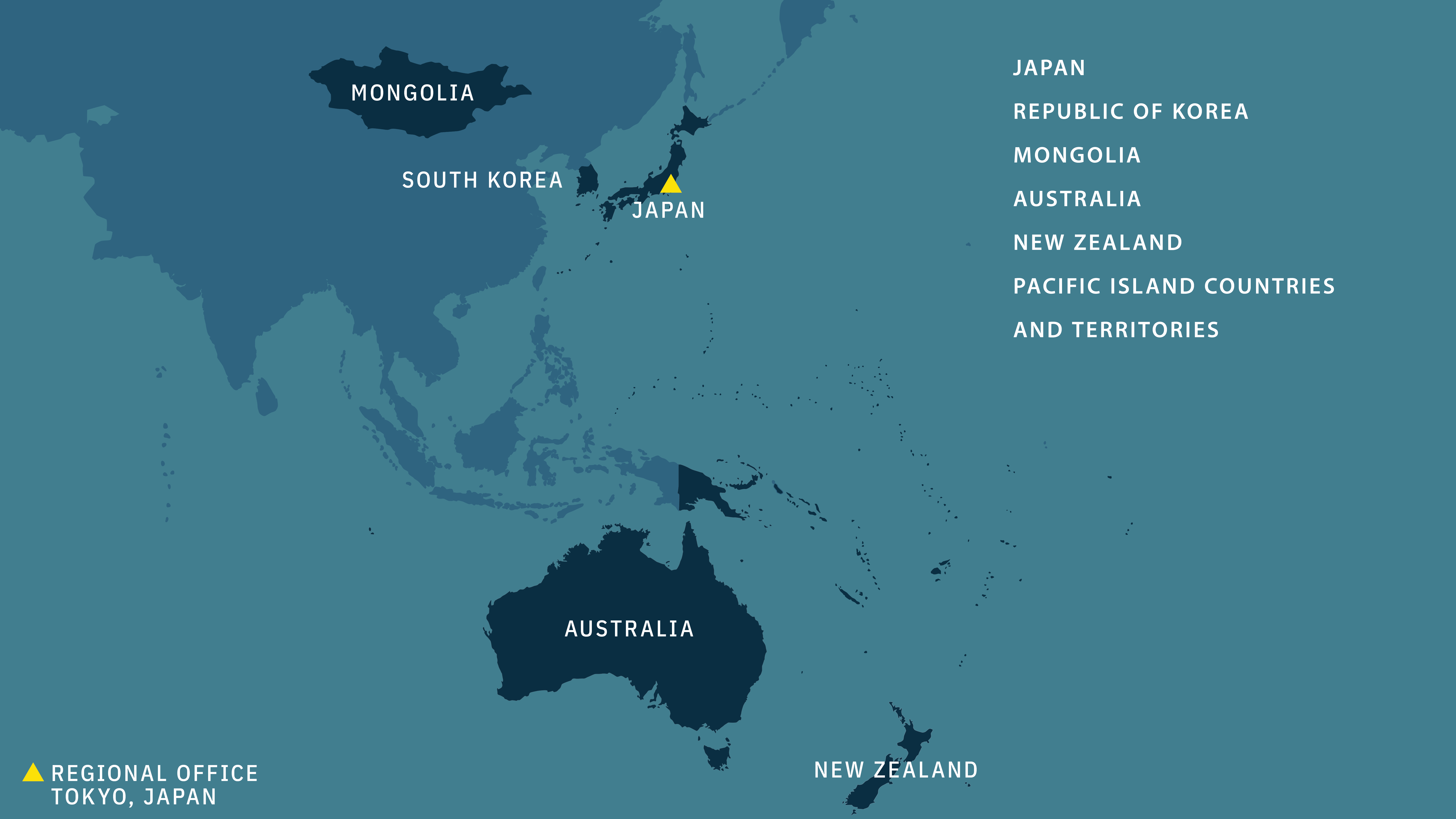 Map of countries in the EAP region: Japan, Republic of Korea, Mongolia, Australia, New Zealand, Pacific Island countries and territories