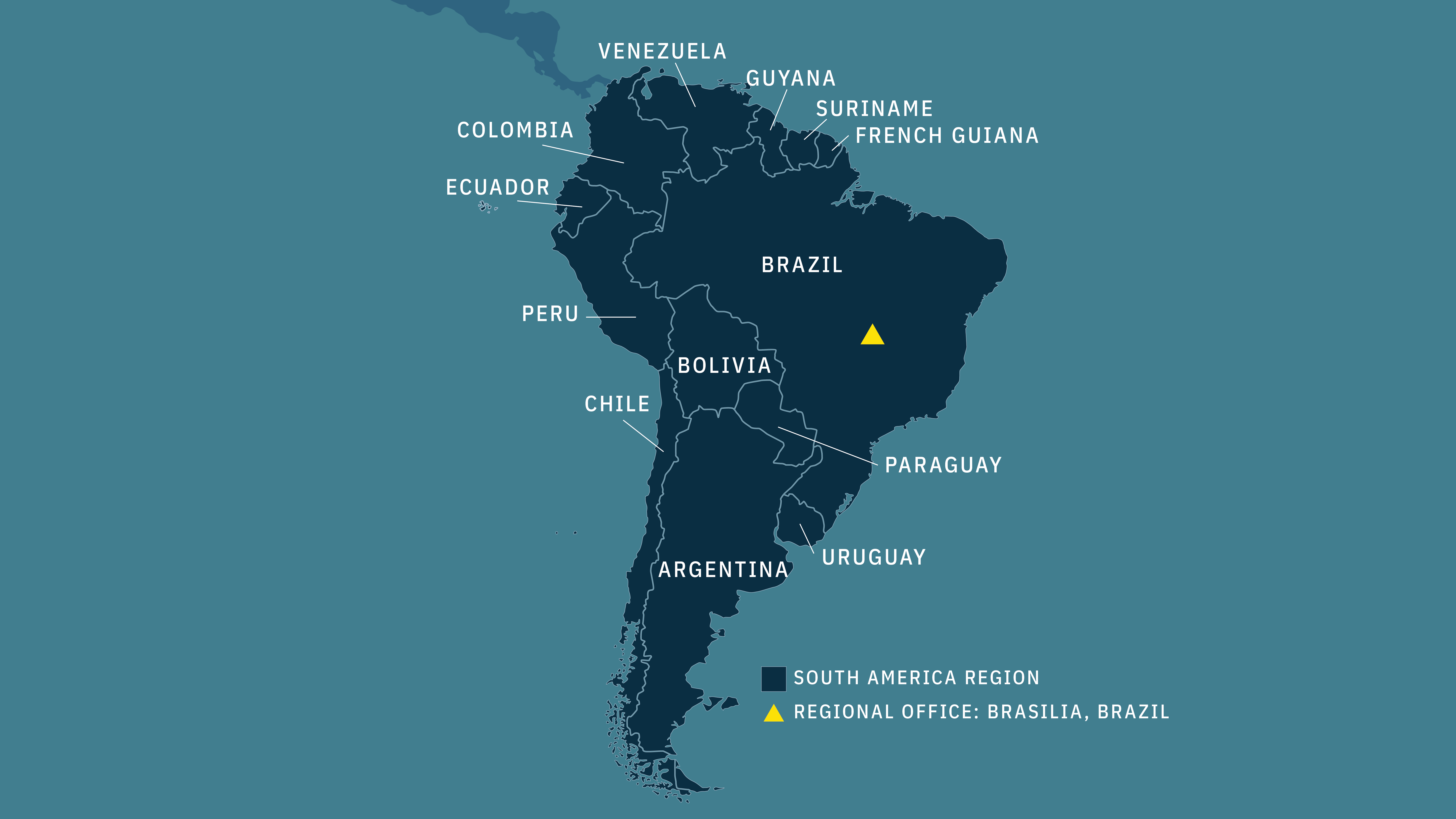 Countries included in the region: Argentina, Bolivia, Brazil, Chile, Colombia, Ecuador, French Guiana*, Paraguay, Peru, Uruguay, Venezuela