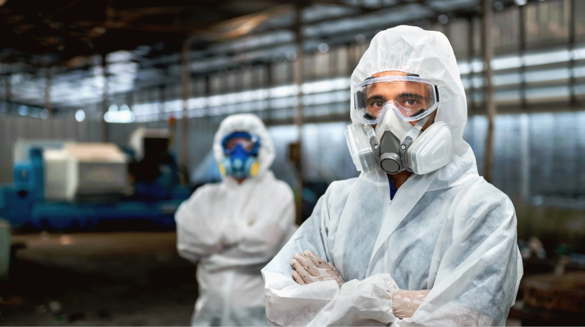 Two people stand in a warehouse wearing full white hazmat suits and respirator masks. The person in the foreground has their arms crossed, while the second person stands behind them, slightly out of focus.