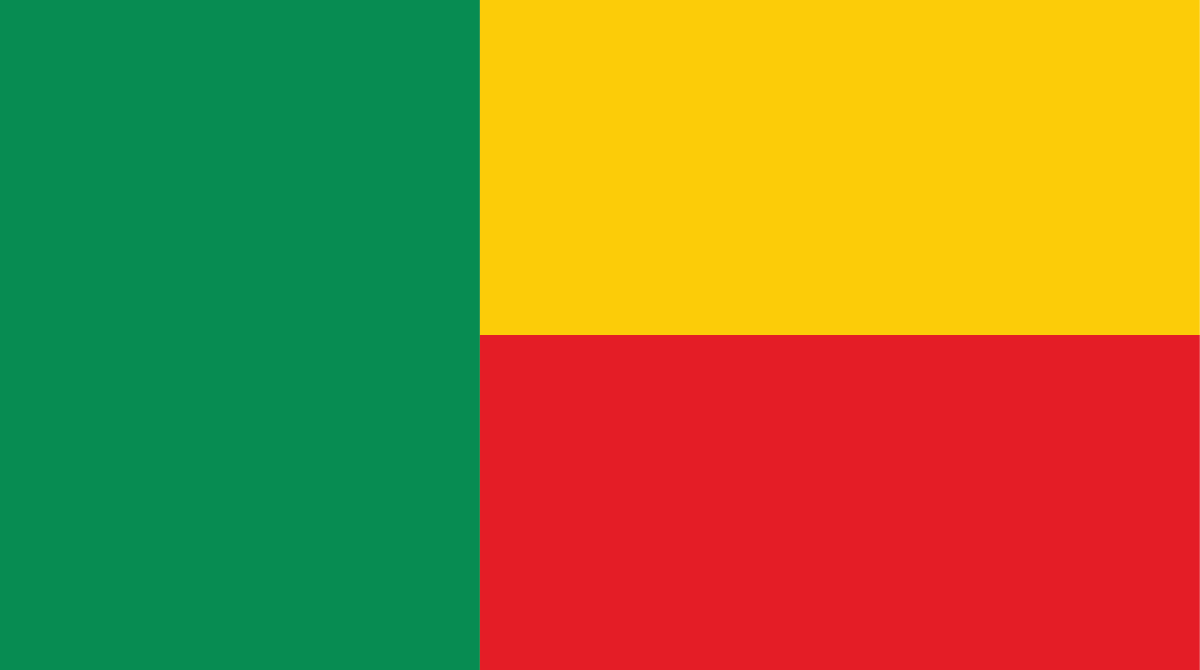 Flag of Benin with 2 horizontal lines one yellow at the top and a red one below it with a green line on the left hand side.