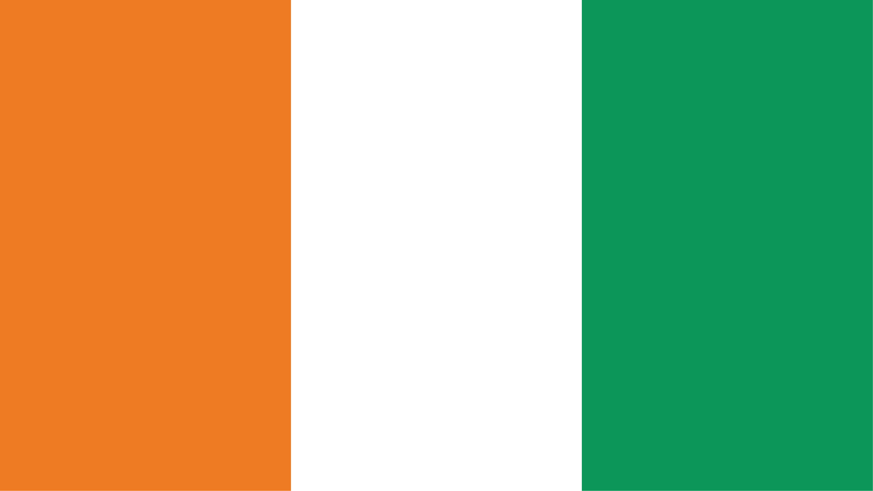 Flag of C&ocirc;te d'Ivoire. Contains three equal vertical bands of orange (hoist side), white, and green.