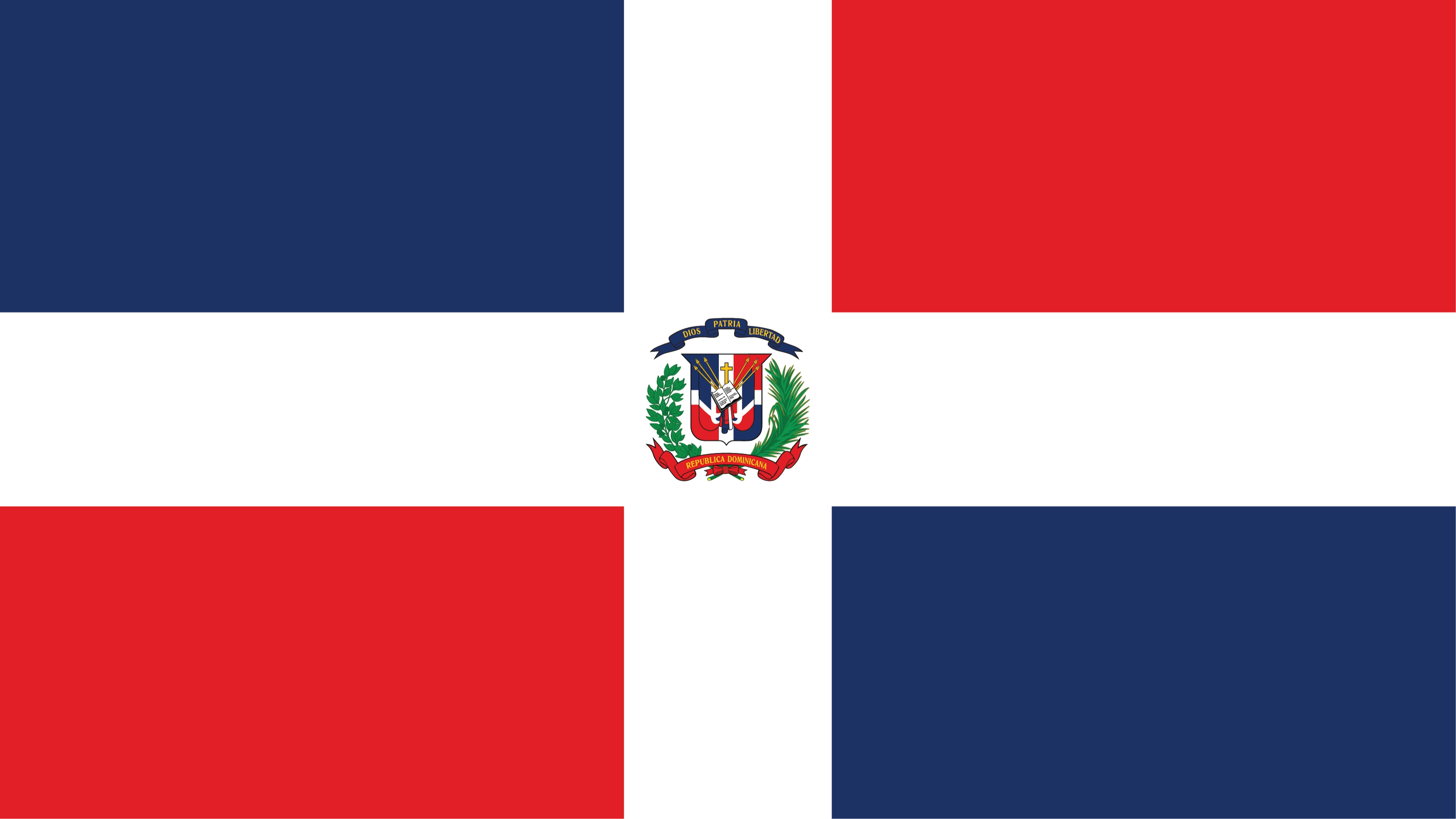 Centered white cross that extends to the edges and divides the flag into four rectangles: the top and bottom ones are blue, while the left and right ones are red.